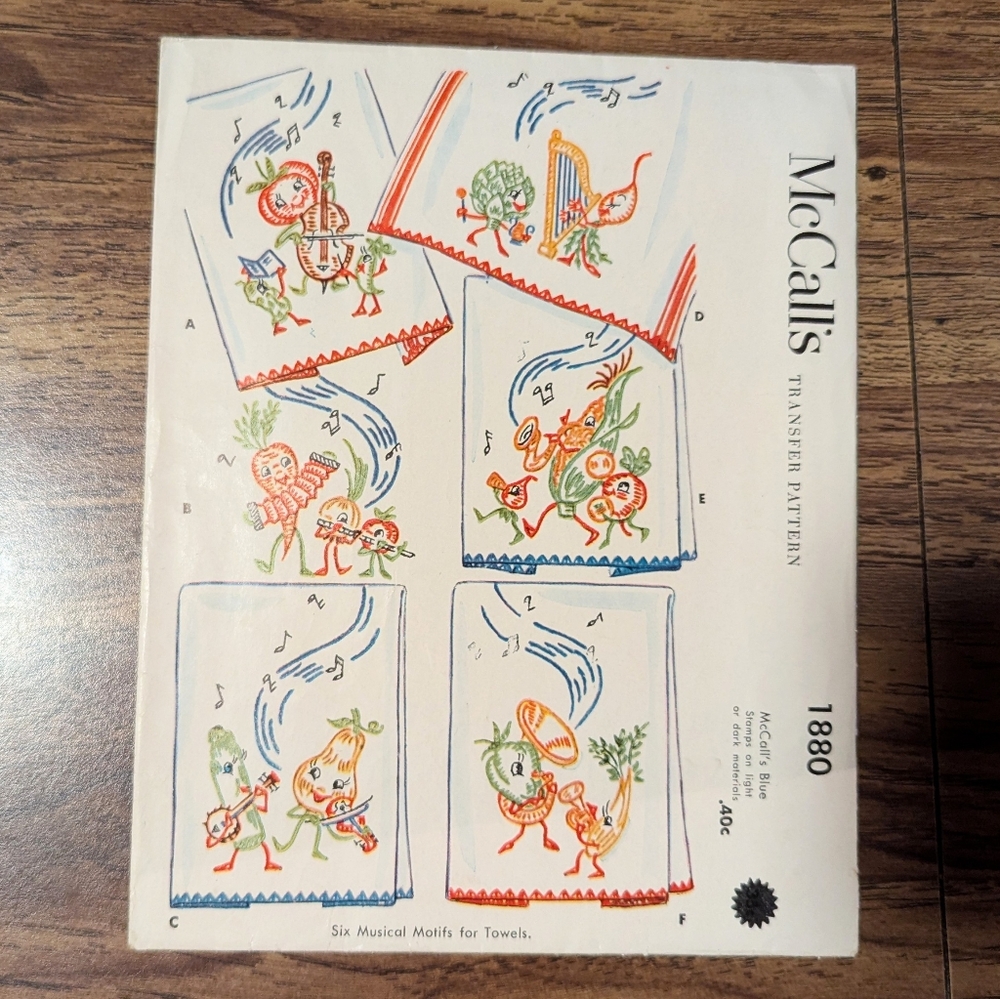 Vintage McCall's 1954 Embroidery Transfer Pattern UNCUT #1880 Musical Motifs